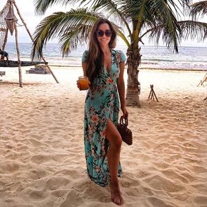 XIX PALMS wrap dress, beautiful turquoise tropical print.